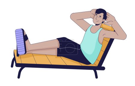 Indian man resting on 2D linear cartoon character. Happy south asian male at beach resort isolated line vector person white background. Long awaited vacation time color flat spot illustration