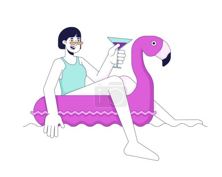 Illustration for Happy woman on inflatable flamingo 2D linear cartoon character. Asian female enjoying pool party isolated line vector person white background. Poolside chillout color flat spot illustration - Royalty Free Image