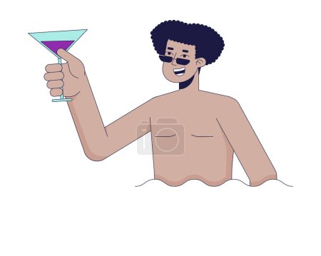 Illustration for Man holding cocktail in pool 2D linear cartoon character. Hispanic male with glass in water isolated line vector person white background. Poolside party fun color flat spot illustration - Royalty Free Image