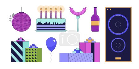 Illustration for Birthday party celebration 2D linear cartoon objects set. Home decor, food and entertainment isolated line vector elements white background. Holiday event color flat spot illustration collection - Royalty Free Image