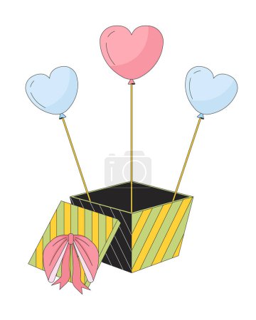 Illustration for Heart shaped balloons out of giftbox 2D linear cartoon object. Gift box baloons isolated line vector element white background. Birthday congrats. I love you celebration color flat spot illustration - Royalty Free Image