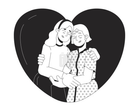Illustration for Heart-shaped older mother daughter hug black and white 2D line cartoon characters. Heartshaped senior mom embrace isolated vector outline people. Loved relations monochromatic flat spot illustration - Royalty Free Image