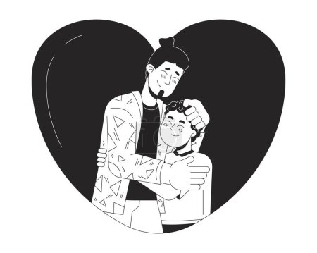 Illustration for Heart-shaped hug father young boy black and white 2D line cartoon characters. Heartshaped young son dad caucasian isolated vector outline people. Loved relations monochromatic flat spot illustration - Royalty Free Image
