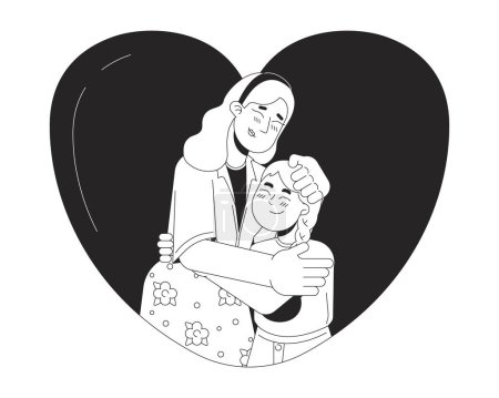 Illustration for Heart-shaped young daughter mother hug black and white 2D line cartoon characters. Heartshaped mom and child caucasian isolated vector outline people. Caring monochromatic flat spot illustration - Royalty Free Image