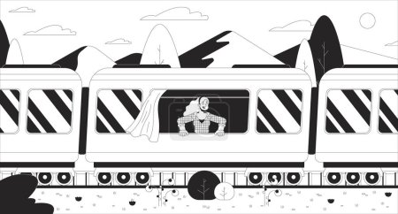 Looking out of train window black and white line illustration. Excited woman traveler 2D character monochrome background. Railway passenger. Solo travel. Railroad tourism outline scene vector image