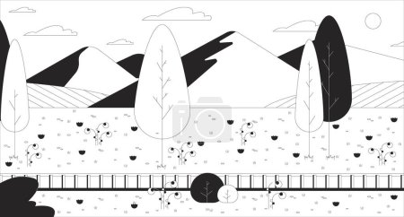 Railroad hill black and white line illustration. Railway hillside 2D scenery monochrome background. Countryside rail line. Summer outdoors. Sunny day grass mountains outline scene vector image