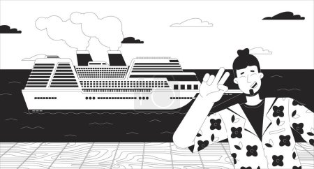 Tourist posing in front of cruise ship black and white line illustration. Selfie taking traveler caucasian man on pier 2D character monochrome background. Waterfront boat outline scene vector image