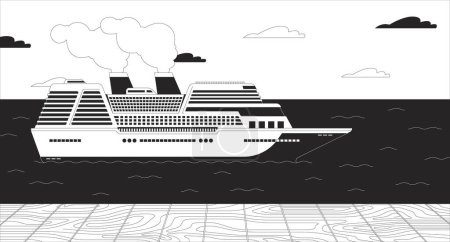 Ilustración de Cruise ship pier ilustración de línea en blanco y negro. Puerto cruiseliner 2D paisaje fondo monocromo. Barco de lujo. Viaje por mar. Transporte marítimo. Crucero océano trazador contorno escena vector imagen - Imagen libre de derechos