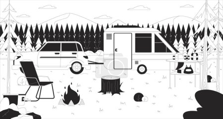 Camping trailer in forest black and white line illustration. Campground travel 2D scenery monochrome background. Campsite vehicles equipment. Solo trip. Woodland camper outline scene vector image