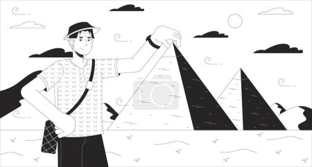 Egypt pyramids sightseeing black and white line illustration. Holiday tourist asian man 2D character monochrome background. Korean male traveler posing holding pyramid outline scene vector image