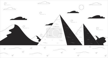 Ägypten Pyramiden schwarz-weiße Linienillustration. Ägyptische Landschaft 2D Landschaft monochromen Hintergrund. Antike Architektur. Reisesehenswürdigkeiten Wüste. Berühmte Sehenswürdigkeiten skizzieren Szenenbild