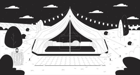 Glamping tent starry night sky black and white line illustration. Retreat comfortable 2D scenery monochrome background. Romantic getaway countryside. Nighttime meadow outline scene vector image