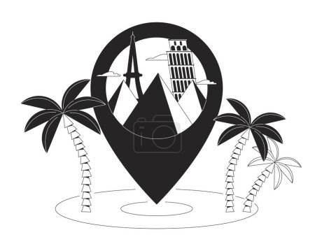 Travel destination pin black and white 2D illustration concept. Tropical vacation pinpoint location cartoon outline object isolated on white. Attractions Europe holidays metaphor monochrome vector art