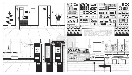 Illustration for Public space indoors black and white line illustration set. Corridor apartment, pharmacy counter 2D interiors monochrome backgrounds collection. Airport, coffee shop outline scenes vector images - Royalty Free Image