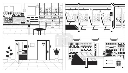 Illustration for Public space interior black and white line illustration set. Coffee shop, checkout supermarket 2D interiors monochrome backgrounds collection. Hallway doors, bus seats outline scenes vector images - Royalty Free Image