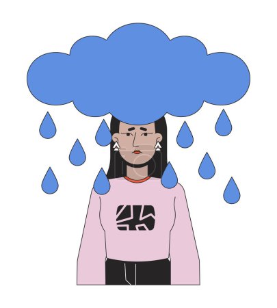 Rain cloud above middle eastern woman head 2D linear cartoon character. Sad young adult female isolated line vector person white background. Emotional expression color flat spot illustration