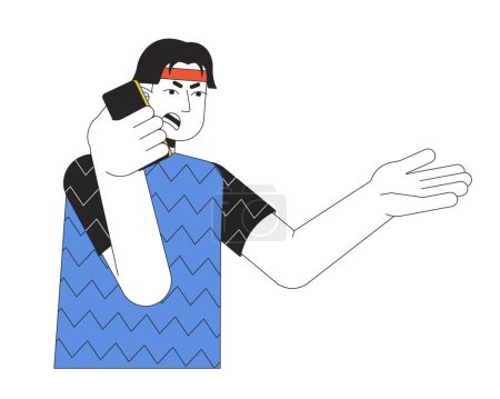 Illustration for Asian man shouting into phone 2D linear cartoon character. Quarrel over smartphone guy isolated line vector person white background. Emotional gesture body language color flat spot illustration - Royalty Free Image
