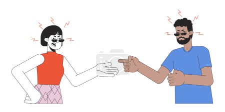 Interracial couple breakup relationships 2D linear cartoon characters. Fighting married adults isolated line vector people white background. Gesture body language color flat spot illustration