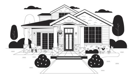Bungalow casa de campo ilustración plana de dibujos animados en blanco y negro. Nueva casa rancho. Planta colgante en porche exterior objeto lineal 2D aislado. Inmobiliaria vivienda monocromo escena vector esquema imagen