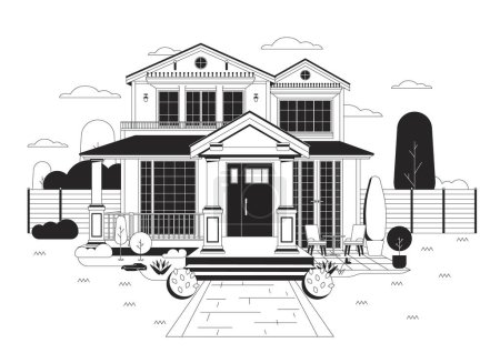 Suburban home front yard black and white cartoon flat illustration. Craftsman home. Front view two story house 2D lineart object isolated. Real estate housing monochrome scene vector outline image
