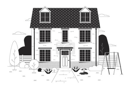 Mehrfamilienhaus mit Schaukel, grünem Garten, schwarz-weiße Zeichentrickflach-Illustration. Einfamilienhaus. Frontgebäude außen 2D Linearart Objekt isoliert. Nachlass monochrom Szene Vektor Umriss Bild