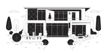 Modern glass house villa black and white cartoon flat illustration. Landscaping bushes. Front building exterior 2D lineart object isolated. Real estate housing monochrome scene vector outline image