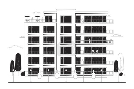 Illustration for Flats condominium with balconies black and white cartoon flat illustration. Front view building condo exterior 2D lineart object isolated. Real estate housing monochrome scene vector outline image - Royalty Free Image