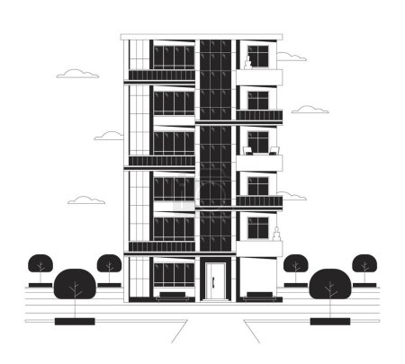 Flats apartment multistory black and white cartoon flat illustration. Condominium multi-storey building 2D lineart object isolated. Estate complex property monochrome scene vector outline image