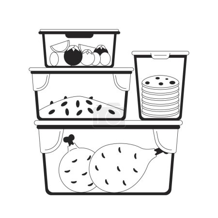 Meal prep containers plastic black and white 2D line cartoon object. Plastic food packaging isolated vector outline item. Lunch boxes. Storage leftovers monochromatic flat spot illustration