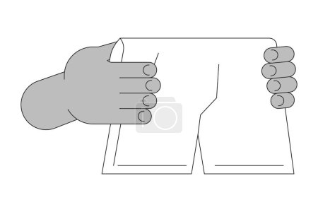 Unterwäsche mit menschlichen Händen umreißt die Illustration. Trocknen von Unterhosen 2D isoliertes Schwarz-Weiß-Vektorbild. Slip-Wäsche. Boxershort Kleidung flache monochrome Zeichnung Clip Art