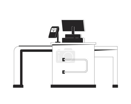 Illustration for Supermarket checkout counter black and white 2D line cartoon object. Grocery store checkout with pos terminal isolated vector outline item. Pos restaurant monochromatic flat spot illustration - Royalty Free Image