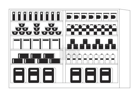 Ilustración de Estantes de supermercado blanco y negro línea 2D objeto de dibujos animados. Tienda de comestibles rack aislado vector contorno artículo. Expositor de productos de alimentación. Tienda de productos alimenticios merchandising monocromático plano punto ilustración - Imagen libre de derechos