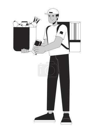 Homme indien coursier épicerie noir et blanc personnage de bande dessinée ligne 2D. Homme sud-asiatique en uniforme isolé vecteur contour personne. Tenue livraison sac alimentaire monochromatique illustration de tache plate