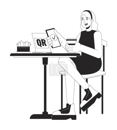 Ilustración de Mujer café cliente escaneo qr código blanco y negro 2D línea personaje de dibujos animados. Mujer rubia aislado vector contorno persona. Pago de café con ilustración plana monocromática nfc phone - Imagen libre de derechos