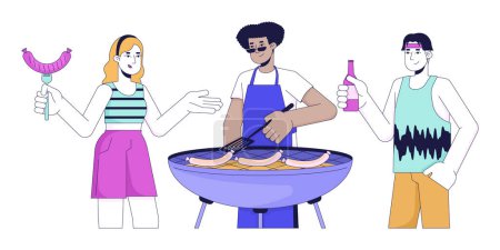Téléchargez les illustrations : Amis cuisson barbecue personnages de dessins animés linéaires 2D. Voisins multiraciaux à bbq partie isolé ligne vecteur personnes fond blanc. Nourriture grillée à l'illustration de tache plate couleur pique-nique d'été - en licence libre de droit