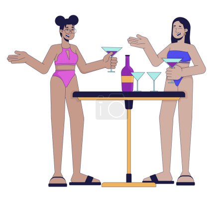 Ilustración de Mujeres en trajes de baño disfrutando de cócteles 2D personajes de dibujos animados lineales. Amigos femeninos en la fiesta de la piscina aislado línea vector personas fondo blanco. Bar de playa invitados color plano punto ilustración - Imagen libre de derechos