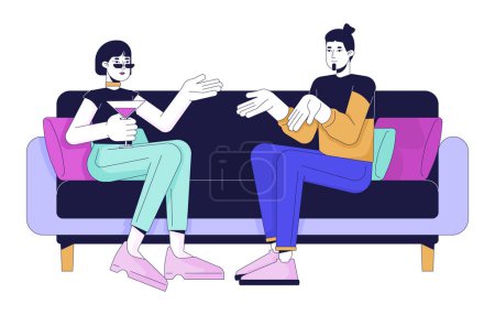 Illustration for Young couple talking on sofa 2D linear cartoon characters. Man and woman chilling at party isolated line vector people white background. Comfortable communication color flat spot illustration - Royalty Free Image