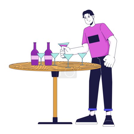 Ilustración de Masculino asiático tomando bebida en la fiesta 2D personaje de dibujos animados lineales. Joven hombre elegir cóctel en la tabla aislado línea vector persona fondo blanco. Tratamiento de vacaciones color plano punto ilustración - Imagen libre de derechos