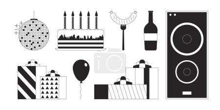Illustration for Birthday party celebration black and white 2D line cartoon objects set. Home decor, food and entertainment isolated vector outline items collection. Holiday event monochromatic flat spot illustrations - Royalty Free Image