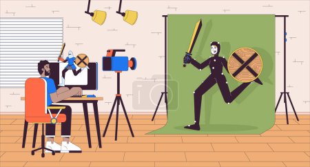 Video game development cartoon flat illustration. Web designer with actress in mo-cap suit 2D line characters colorful background. Personage creating process scene vector storytelling image