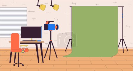 Illustration for Chromakey screen at shooting set cartoon flat illustration. Empty video recording studio 2D line interior colorful background. Realistic games development scene vector storytelling image - Royalty Free Image