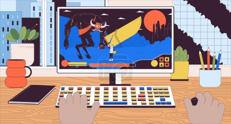 Illustration for Black user playing computer game 2D linear illustration concept. Gamer defeating boss demon in rpg cartoon scene background. Computer gaming hobby metaphor abstract flat vector outline graphic - Royalty Free Image