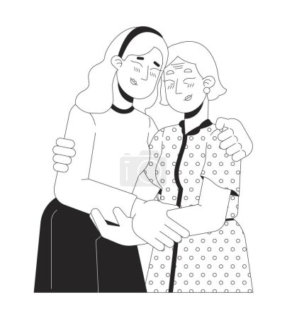 Illustration for Caucasian elderly mother daughter hugging black and white 2D line cartoon characters. Grandmother granddaughter isolated vector outline people. Comforting support monochromatic flat spot illustration - Royalty Free Image