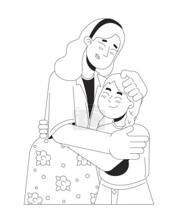 Single mother young girl embracing black and white 2D line cartoon characters. Caucasian mom little daughter hugs isolated vector outline people. Comforting caring monochromatic flat spot illustration