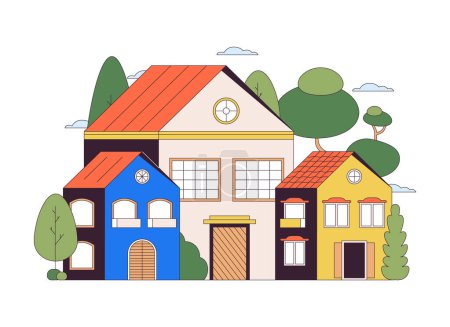 Illustration for Suburban houses 2D linear cartoon object. Neighborhood residential trees homes isolated line vector element white background. Estate properties. Suburb community color flat spot illustration - Royalty Free Image