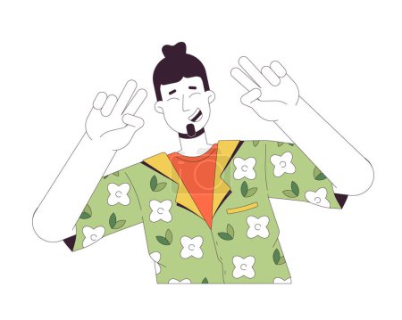 Caucasian man peace fingers 2D linear cartoon character. Solo traveler european guy isolated line vector person white background. Male tourist vacationer posing color flat spot illustration