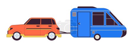 Illustration for Car pulling trailer 2D linear cartoon object. Camping vehicle isolated line vector element white background. Adventure transport tow. Driving tiny house on wheels color flat spot illustration - Royalty Free Image
