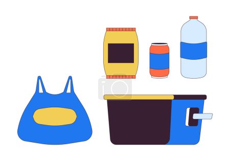 Picknick-Snacks Getränke 2D lineare Cartoon-Objekte gesetzt. Camping Essen und Trinken isolierte Linienvektorelemente weißen Hintergrund. Bierkühler, Plastiktüten Farbe flacher Ort Illustration Sammlung
