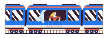 Caucasian female commute passenger train 2D linear cartoon character. European woman riding wagon isolated line vector person white background. Travel destination color flat spot illustration