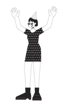 Illustration for Happy Asian woman at party black and white 2D line cartoon character. Female with cone hat raising up hands isolated vector outline person. Holiday celebration monochromatic flat spot illustration - Royalty Free Image